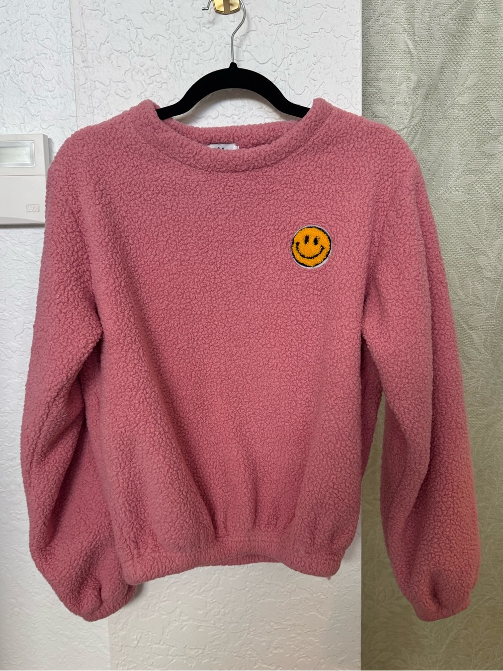 Lola and the Boys Pink Fuzzy Cozy Pink Crewneck Sweater with Smiley